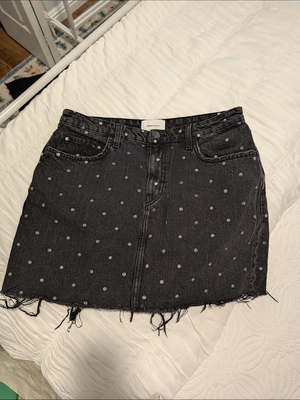 NWOT Current/Elliott Black Denim Mini Skirt with White Polka Dots, Size 32